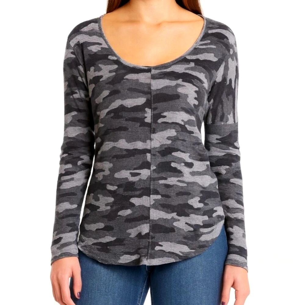 Lucky Brand Long Sleeve Scoop Neck Thermal Waffle Knit Top in Gray Camo S NWOT